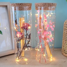 바르미 프리저브드 드라이 플라워 LED 유리병 편지지, 핑크, 2개