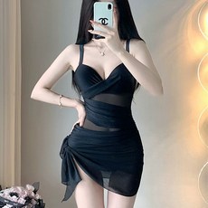 투니스 여성 메쉬 스플라이싱 홀터넥 전신 수영복, 블랙