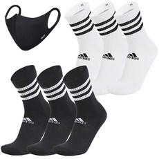 adidas 愛迪達 黑白條紋運動襪6雙+時尚口罩, 黑色 - 白色 (6 雙)