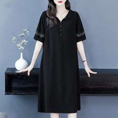 JUSTFEELING 브이넥 자수 원피스 빅사이즈 중년여성 루즈핏 반팔원피스 우아한 엄마원피스 심플 얇은 여름원피스 ~6xl까지 110kg까지