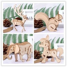 木質多款崑蟲動物立體3D拚圖拚闆玩具，幼兒園禮物創意DIY拚裝模型，安全木質玩具, 梅花鹿+神馬+松鼠+大象, 1個