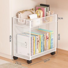 꾸꾸상점 2단계단식책꽂이 수납 책장 선반 바퀴, 1단, 화이트 2단 50cm 이동식 - 조밀한 망