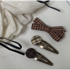 MANDOOS 자체제작 가을 체크 단추 리본 여아 유아 헤어핀 3p