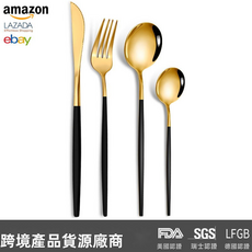 HYLSS 不鏽鋼牛排刀叉西餐具咖啡勺水果叉, 1個, 黑金-四件套:如图所示（8151）