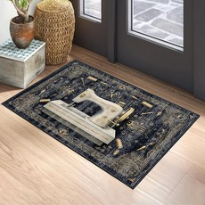 모던 기하학적 원형 미끄럼 방지 부분 러그 61.4 x 91.4cm(2 x 3피트) - 블루 오렌지 추상 패턴 낮은 파일 카펫 거실 사무실 입구 세탁 가능한 현대적인 바닥, 빈티지 바느질