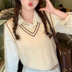 20252023년 가을 겨울 대학 스타일 배색 v 겹쳐 입는 스웨터 작은 조끼 꼬임 니트 조끼 여성 트렌드 패션