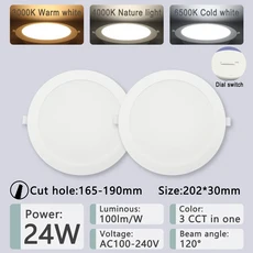 다이얼 스위치 CCT LED 다운라이트 매입형 원형 패널 조명 실내 100-240V 3000K 20W 2 개, [01] 24W, [01] AC100-240V, [01] 2pcs