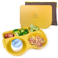 르메이어 친환경 옥수수 유아식판 이유식 보관 용기 5구 식기 어린이집 뚜껑 도시락, 식판 + 뚜껑 + 파우치, 1세트, 옐로