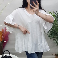 여름용 개성 있는 플리츠 밑단 배색 하이웨이스트 루즈핏 러플 배트 슬리브 베이비돌 티셔츠