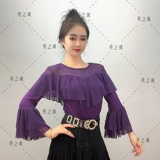 가을 여성 댄스 의상 긴 소매 라운드 넥 모던 탑 스퀘어 공연 신축성 있는 꽃무늬 가장자리
