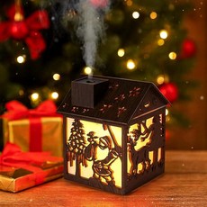 Wooden House 가습기 - 240ml 쿨 미스트 미니 가습기 산타클로스 LED 디자인 7가지 색상 조명 USB 전원 자동 차단 침실 가정 사무실용 휴일 장식, 딥 우드 그레인
