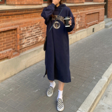 에쉬울프 여성용 기모 오버핏 레터링 포인트 후드 롱원피스 캐주얼 마실룩 홈웨어룩