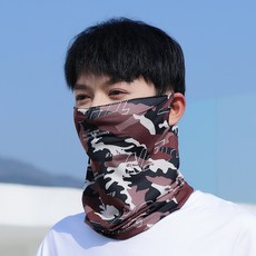 《J.Y》迷彩防曬面罩 冰絲涼感透氣速乾運動面罩 圍脖 頭巾 運動頭帶 掛耳面罩 戶外必備, 迷彩 - 咖啡, 1個
