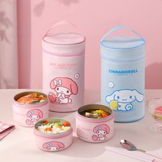 (전자렌지 사용 가능) 산리오 3단 보온 도시락 초등학생 어린이 스텐 보온 도시락통 세트 키즈 직장인 학생 도시락 런치 박스, 1개, 마이멜로디 도시락통 600ML +400ML+도시락 가방