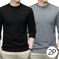 남성 가을겨울 라운드넥 캐주얼 니트 단색 슬림핏 이너 티셔츠 긴팔 베이직 스웨터 2종 세트
