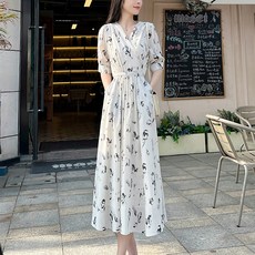 ZAJA 여성 원피스 반팔 플라워 원피스 V넥 허리 수축 롱 기장 시폰 여름 캐주얼 원피스