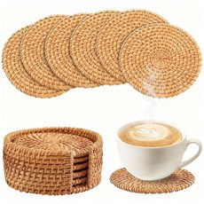 홀더 4인치 위커 터가 포함된 6 PCS 내추럴 라탄 터 세트 테이블 보호 프로텍터 선물 및 홈 데코