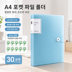 A4 투명 포켓 파일 30매 단추형 서류 정리 자료집 시험지 보관 클로버 클립 10개 세트, 1개, 반투명 연청 30쪽