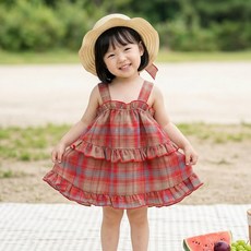 몽실이 레드체크 나시 원피스 모자세트