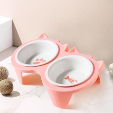 陶瓷貓碗 狗碗 防打翻 防漏食 支架糧碗 水碗, 1個, 陶瓷雙碗：魚骨貓爪粉色送支架