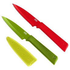 Kuhn Rikon COLORI+ 논스틱 스트레이트 및 톱니 패링 나이프 안전 칼집 포함 2개 세트 레드 및 그린, Red and Green, 4", 1개