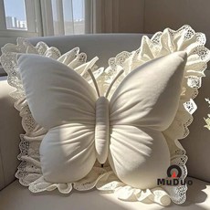 공주풍 리본 장식 쿠션 거실 소파 쿠션 침실 침대 헤드 쿠션 사무실 및 차량용 소녀 감성 장식 쿠션, 흰색 나비, 50*40 개별 OPP 봉투 포장