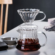 해피유통 커피 필터 드립 컵 유리 물받이 스테인레스 필터 포함 내열 투명 드립퍼 홈카페 용품, 360ML 세로무늬 구름냄비 + 일체형 필터컵(소형)