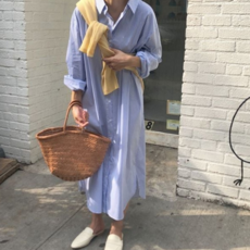 여성 롱 원피스 스트라이프 루즈핏 데일리 여성 셔츠 원피스 가을