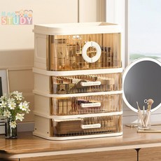 高顏值桌面收納盒梳妝台置物架桌面高級感護膚整理櫃文具收納盒, 32面寬桌面折疊收納盒（3抽+1開）,透明, 1個