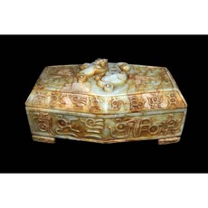 《博古珍藏》天然和闐玉螭龍獸面紋銘文珠寶盒．1.8公斤．早期收藏．老件文物．底價回饋