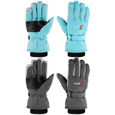 Jeere 2쌍 스키 스노우 장갑 따뜻한 겨울 장갑 조절 가능 방수 지퍼 장갑 남녀용 추운 날씨용(검정 파랑 L), 2-그레이, 레이크 블루