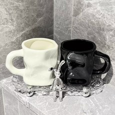 DZER 양치컵 세라믹 양치질 컵 고급 금속 느낌 핸들 포함 세트 욕실 액세서리, （아이보리+블랙）+도자기 트레이