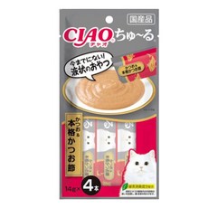 CIAO 啾嚕肉泥 鰹魚+正宗柴魚片 液狀點心 貓咪零食 14g x 4入 日本國產, 1個, CIAO啾嚕肉泥 鰹魚+正宗柴魚片 14