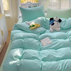 1급 믹스매치 단색 워시드 면 4종 세트 초부드러운 구름 면 기숙사 3종 세트 4종 세트, 카테고리 A - 믹스 앤 매치 - 아쿠아 그린 알개 그, 0.9m 침대 시트 3종 세트(이불커버 1.5x2m)