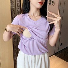 임산부 여름 수유 티셔츠 얇은 브이넥 솔리드 티셔츠 수유복 편안한 캐주얼 수유 반팔티 YLP