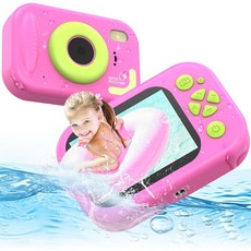 어린이 방수 카메라 P67 1080P 카메라와 32GB 카드 HD 비디오 캠코더 유아용 카메라 2.4인치 화면 크리스마스 생일 선물 수영장 장난감 어린이용 312세 분, Pink