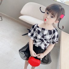 小不點兒 女寶寶格子襯衫網紅女童2022夏季新款韓版小童短袖上衣T恤夏裝潮（90cm-140cm)