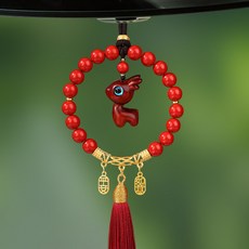 硃砂檀木小鹿汽車掛件, 紅檀小鹿 - 硃砂流蘇款, 1個
