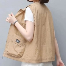 ROYALBELLE 여성 카라넥 지퍼 디자인 포켓 디자인 루즈핏 얇은 슬리브리스 조끼 T06020309