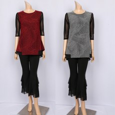 SPR2040컬러 지문 칠부 롱 티셔츠 66에서88 스판 라운드 라인 라틴 웰빙 연습복 사계절 중년여성 노브패리스 댄스복, 레드