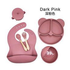 矽膠餐具套裝六件套矽膠餐盤吸盤矽膠兒童餐具嬰兒輔食用品, 1個, 如圖所示62, 深粉色-木柄貓耳朵【6件套裝】