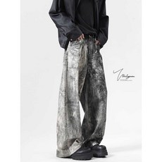 잉크 프린트 워싱 데님 팬츠 루즈핏 스트레이트핏 트렌디 아트무드 청바지