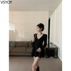 vsyoy 순수한 욕망 스타일 V 넥 니트 원피스 여성용 가을 슬림 핏 허리 A 라인 스커트 짧은 스커트 레이스 투피스 세트