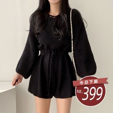 韓版復古繫帶收腰針織套裝 長袖上衣 長袖t恤 衣服 女裝 上衣