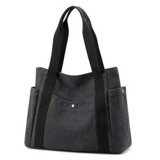 KP帆布包 2024新款老式便攜百搭媽媽包 耐磨結實實用帆布托特包, 通帶帆佈包【黑色】