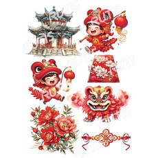 新年插畫貼紙 春節裝飾素材 兒童新年主題裝飾, 藝術紙-A4