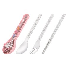 瑪麗貓兒童餐具三件組 兒童餐具組 湯匙叉子筷子套裝 外出便攜餐具, 瑪麗貓粉, 1個, 湯匙叉子筷子