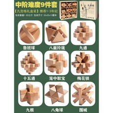 魯班鎖孔明鎖全套兒童益智玩具 小學生成人高難度積木 古典榫卯結構 挑戰智力 環保木材安全無味 鍛煉邏輯思維, 【九宮格禮盒裝】櫸木9件套B, 1個