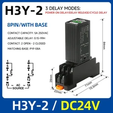 H3Y-2 H3Y-4 사이클 시간 제어 기능 듀얼 디지털 타이머 릴레이 전원 켜기 지연 DC12V 24V AC220V베이스 8핀 14핀 포함, [02] H3Y-2 DC24V