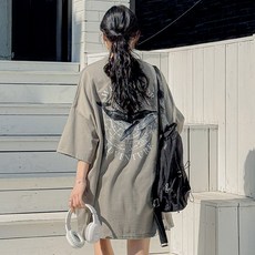 로로텐 프린팅 오버핏 박스 롱 반팔 티셔츠 면 라운드넥 여성 빅사이즈